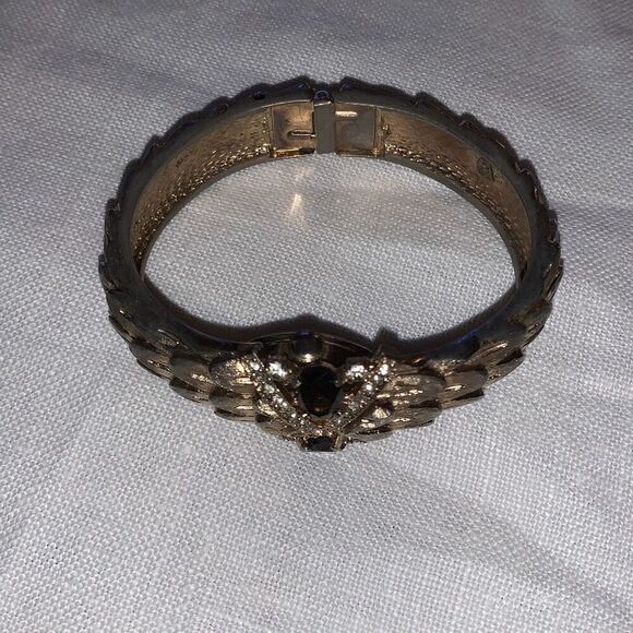 Vintage 1960’s Gold Tone Smoky Quartz Snake Dragon Scale Hinge Swiss Watch - Picture 6 of 15